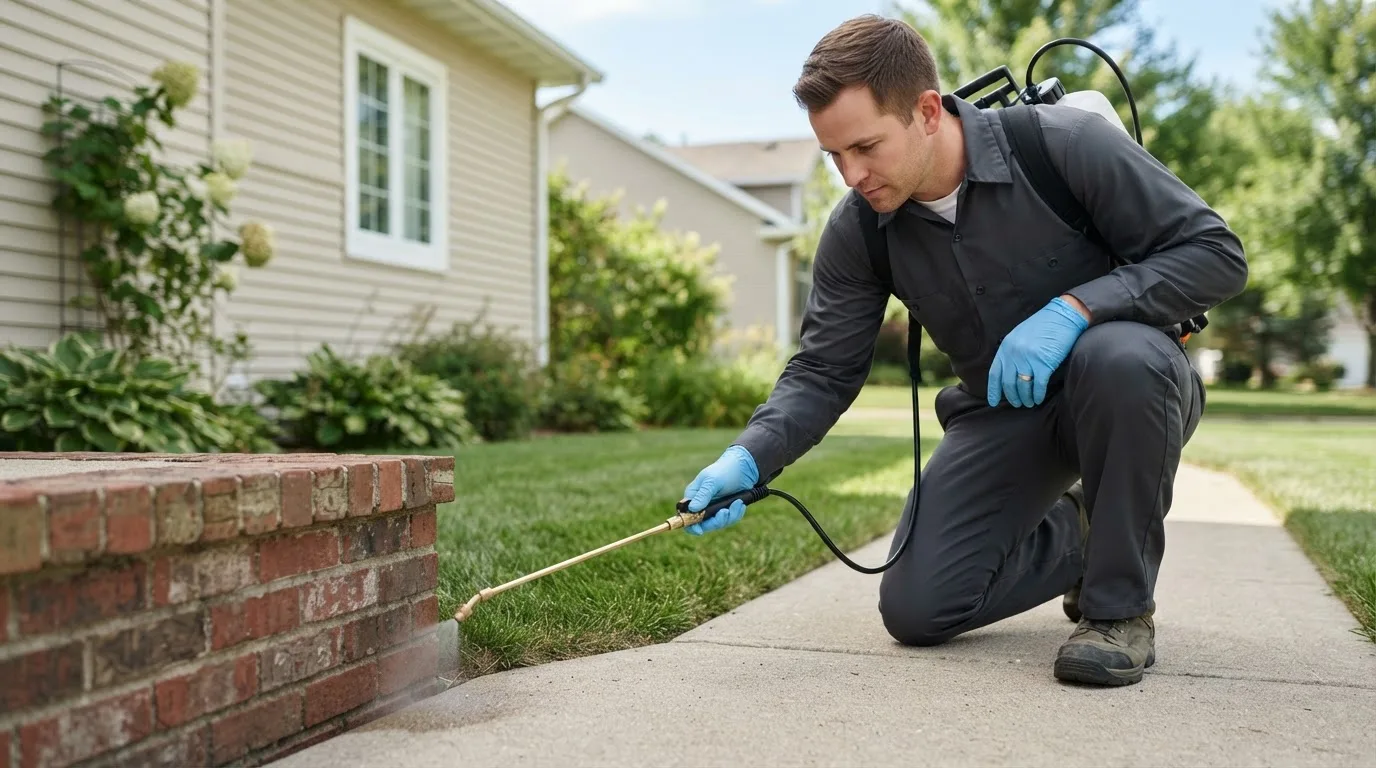 Pest control technician treating a home near Lester, AL